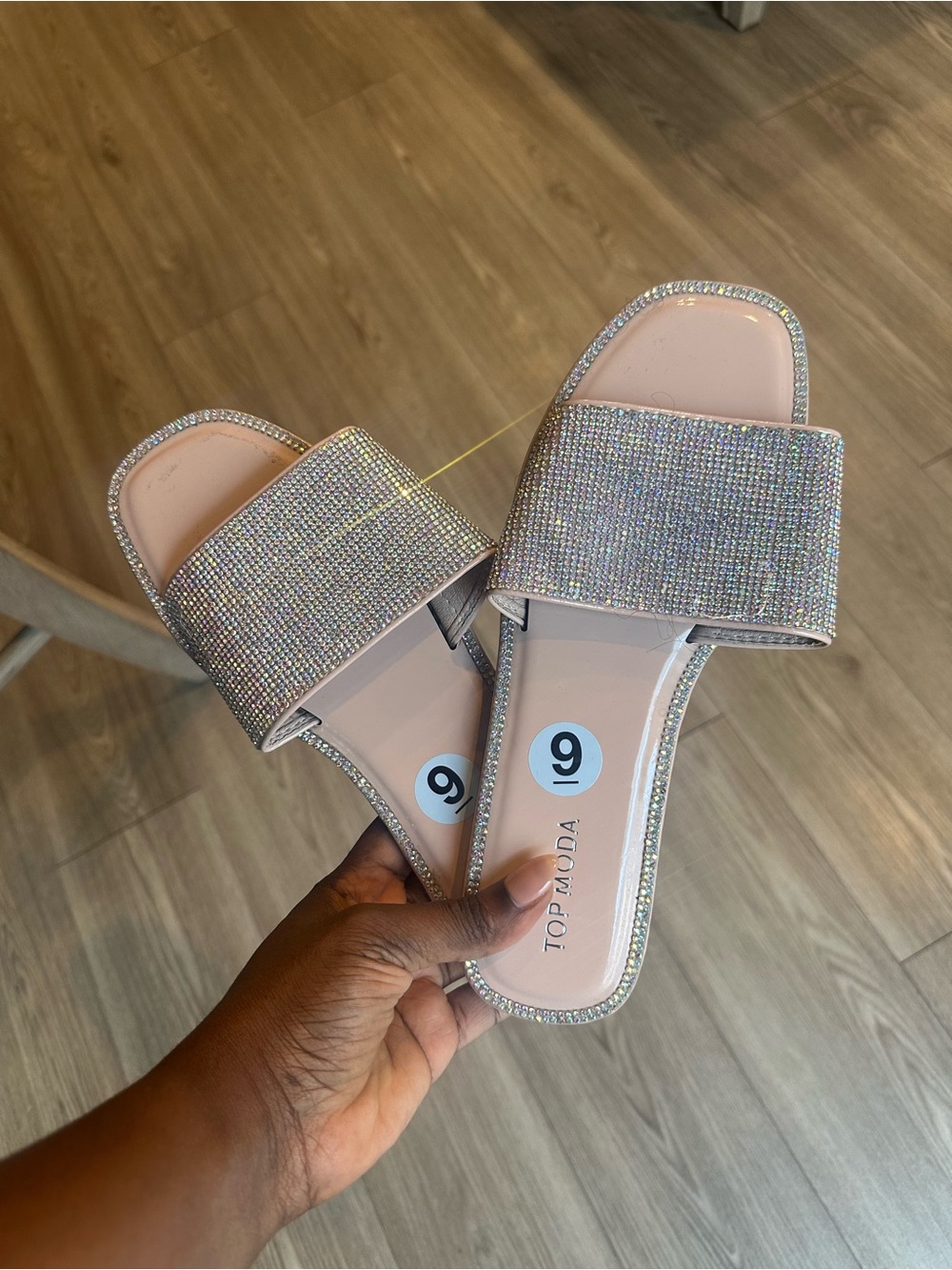 TOP Moda Iridescent Rhinestone Slide Sandals in Light Pink
